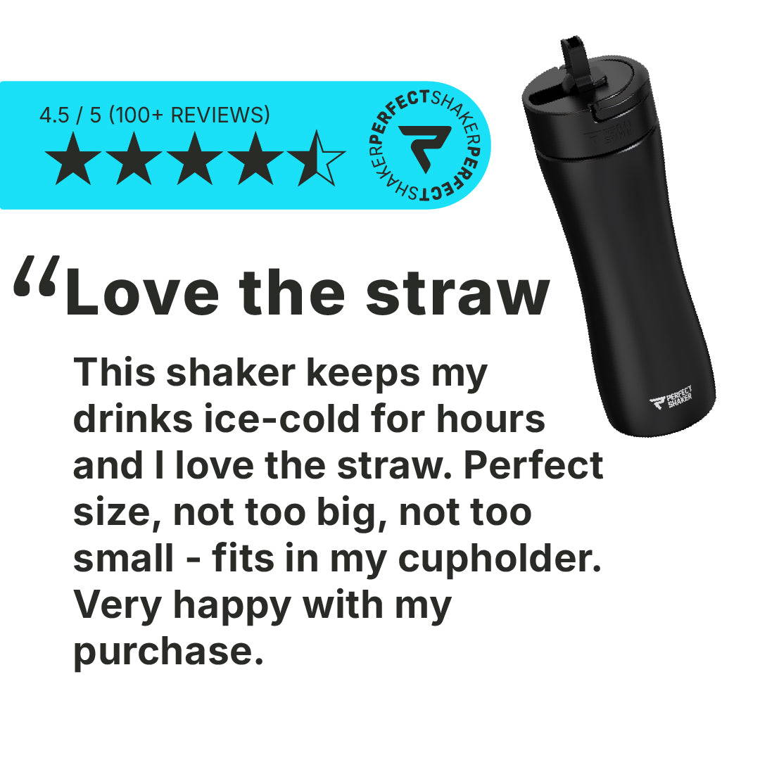 Black shaker with straw and customer review text on a white background