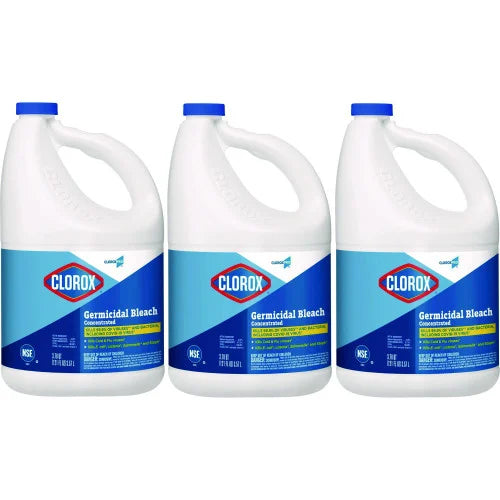 Three bottles of Clorox germicidal bleach on a white background