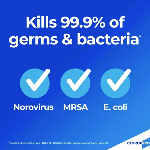Advertisement for Clorox Pro with text 'Kills 99.9% of germs & bacteria' and checkmarks for Norovirus, MRSA, and E.
