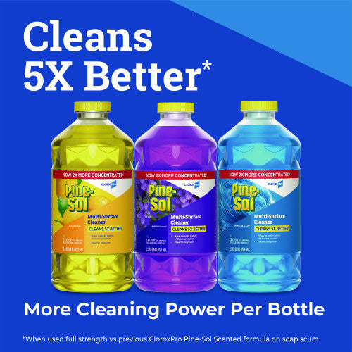 Three bottles of Pine-Sol cleaner on a blue background with promotional text.