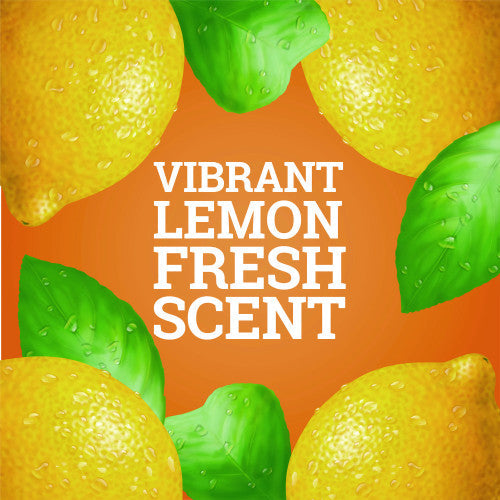 Lemons with water droplets and green leaves on an orange background with text 'Vibrant Lemon Fresh Scent'.