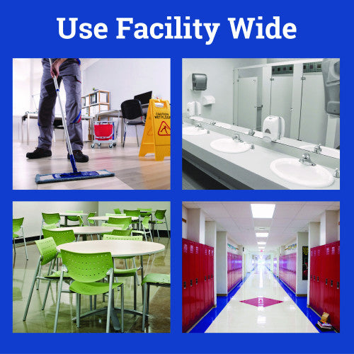 Collage of cleaning activities and facilities with text 'Use Facility Wide' on a blue background.
