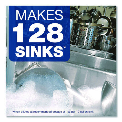 Detergent container with text 'Makes 128 Sinks' in a kitchen setting