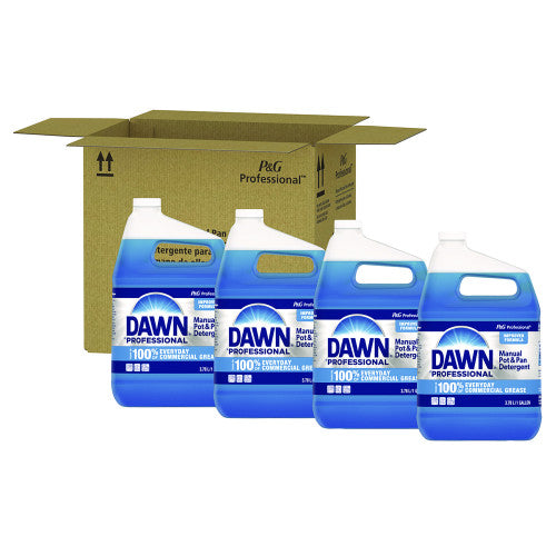 Four bottles of Dawn Professional dish soap in front of a cardboard box on a white background