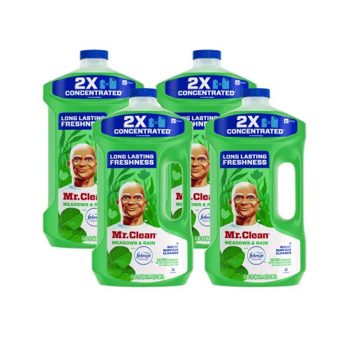 Four bottles of Mr. Clean Multi-Surface Cleaner on a white background