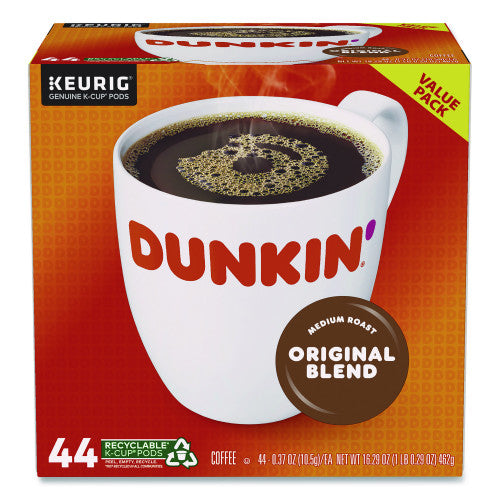 Dunkin' Donuts K-Cup coffee pods packaging with a cup of coffee on a red background