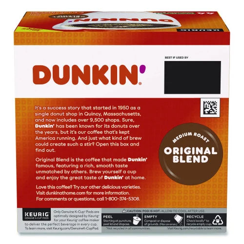 Dunkin' coffee package with branding and product details.