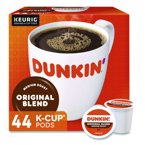 Dunkin' Donuts K-Cup coffee pods packaging with a cup of coffee on an orange background.