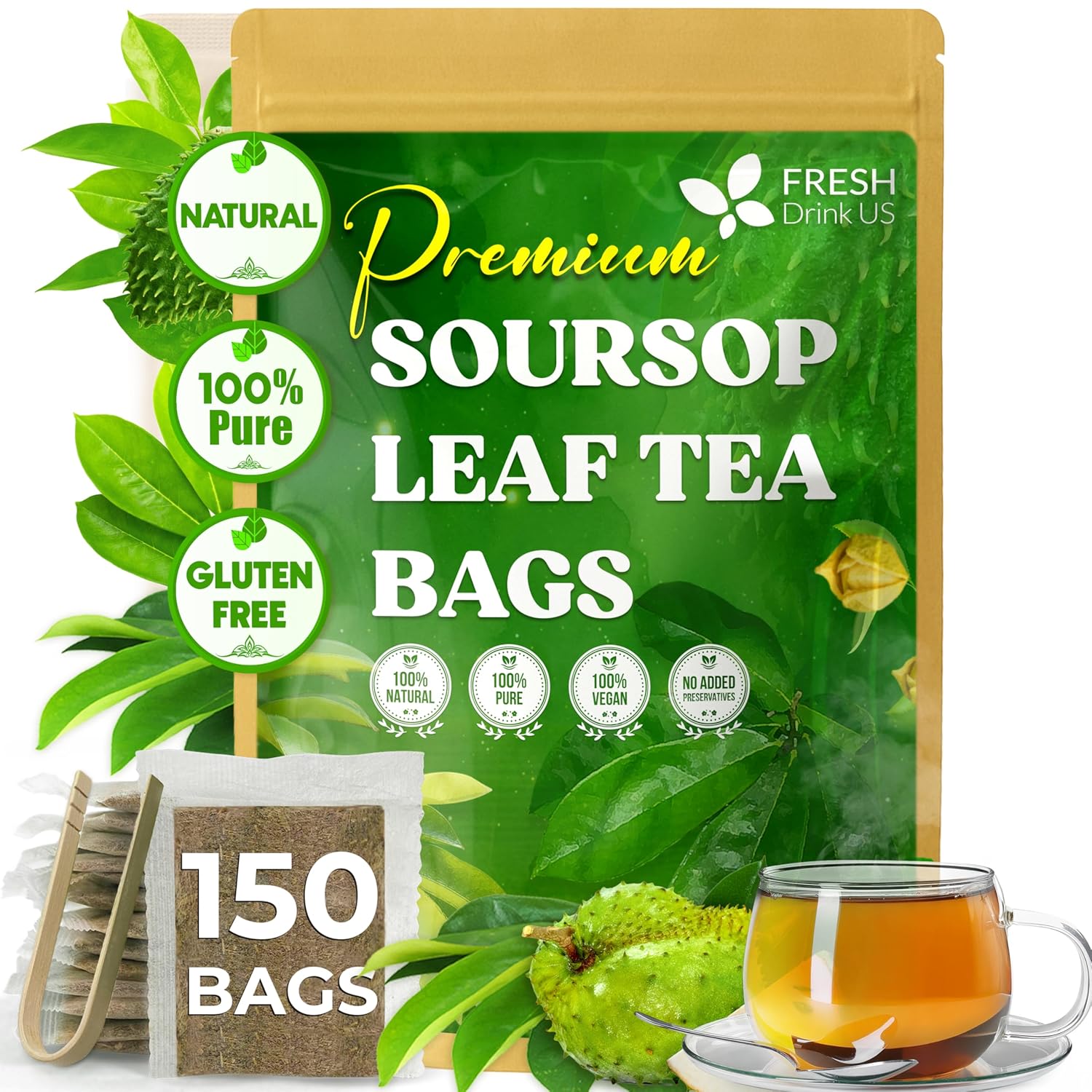 Soursop leaf tea package with tea bags, soursop fruit, and a cup of tea on a white background. Premium Soursop Leaves Tea bags, Dried Soursop Leaves, Soursop Leaf Powder, Guanabana Leaves Tea, Hoja Guanabana Tea