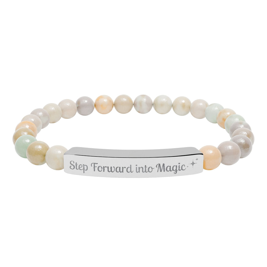 Engraved Natural Stone Stretch Bar Bracelet — "Step Forward into Magic" Motivational Beaded Bracelet
