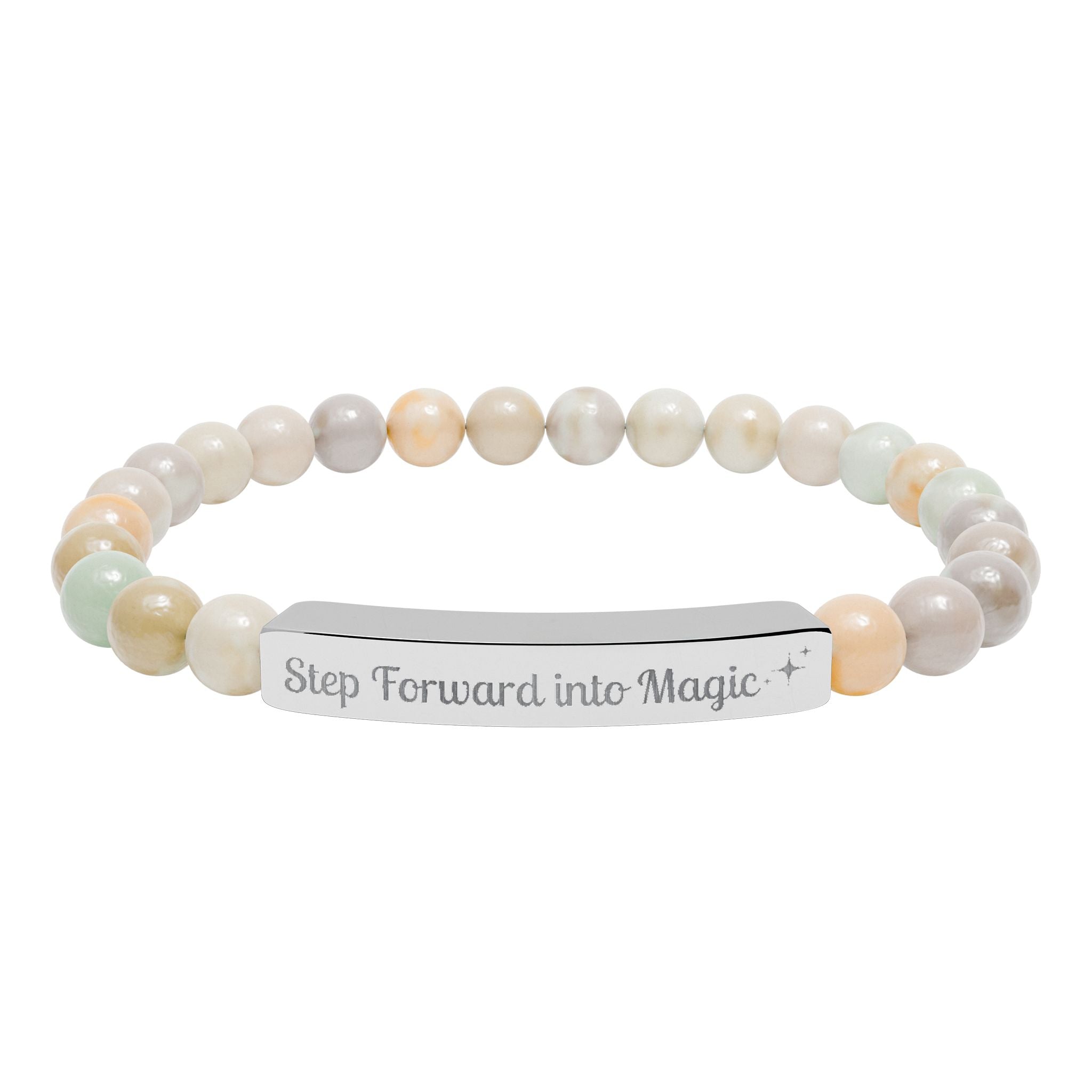 Engraved Natural Stone Stretch Bar Bracelet — "Step Forward into Magic" Motivational Beaded Bracelet