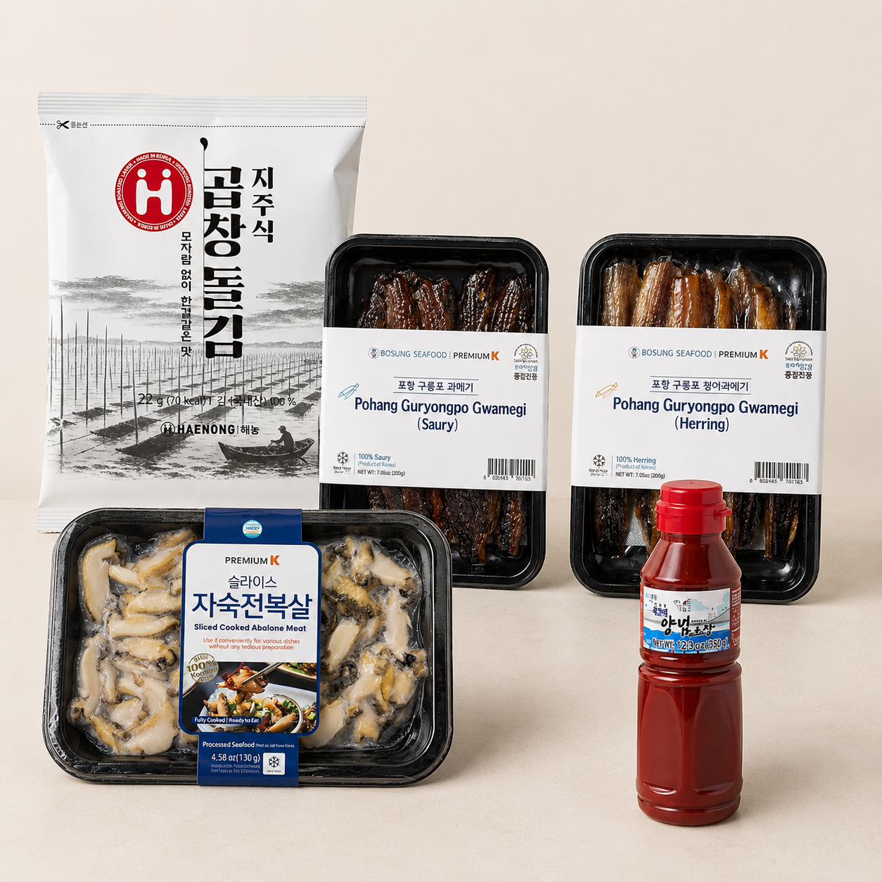 Abalone and Gwamegi Set ( seaweed+ Ablone+ Gwamegi (2typs)+ Chojang )