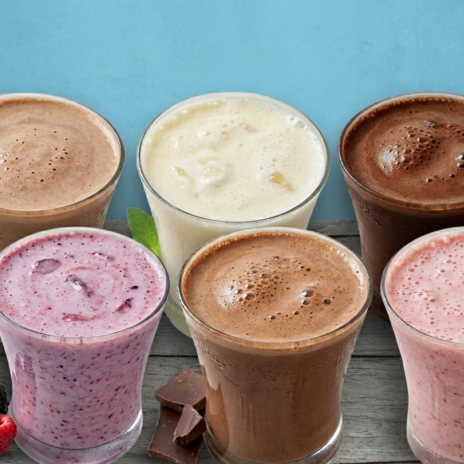 Assorted smoothies in clear glasses on a wooden surface with a blue background