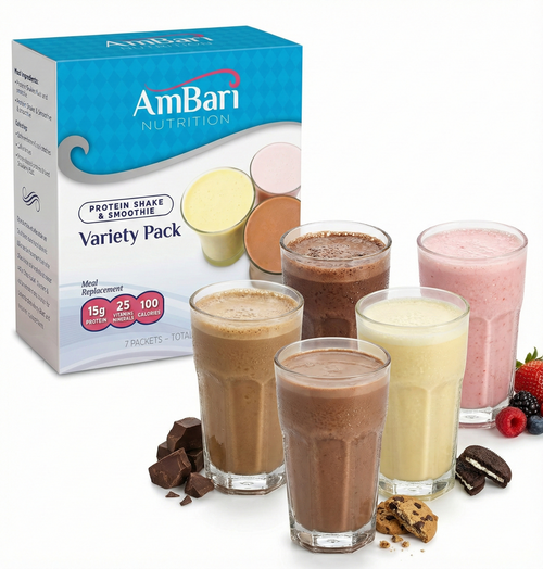AmBari Nutrition protein shake variety pack with different flavors in glasses on a white background