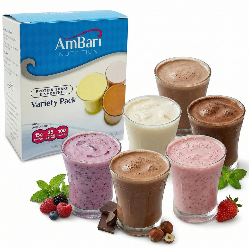 AmBari Nutrition protein shake variety pack with six different flavored shakes on a white background.