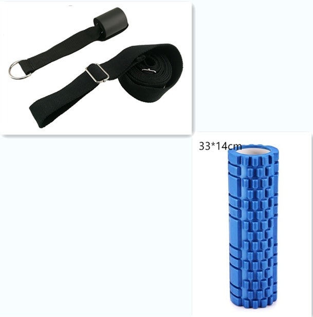 Black exercise band and blue foam roller on a white background