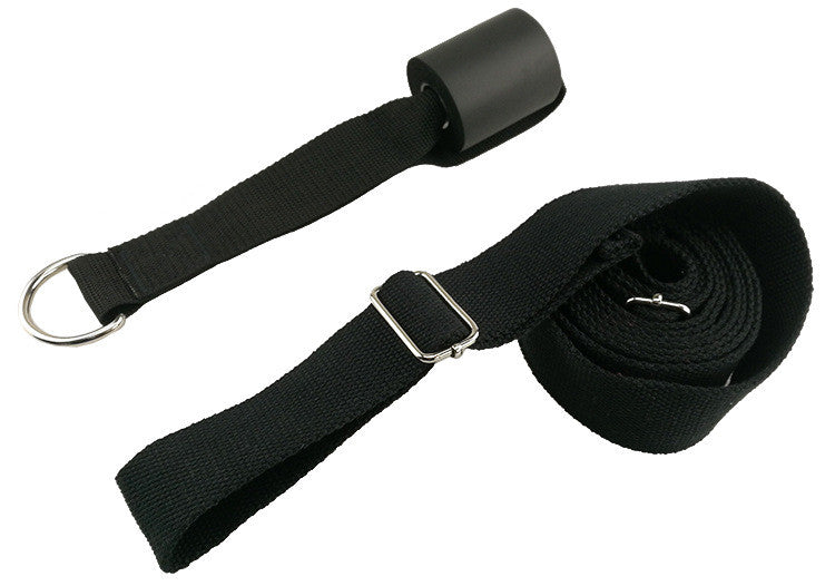 Black strap with metal D-ring on a white background
