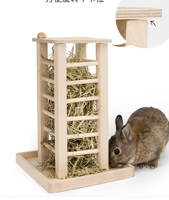 Birch wood rabbit hay feeder and multifunctional square grass rack with geometric design, natural wooden feeding station for rabbits and small pets