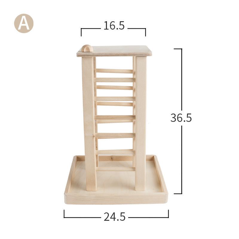 Wooden pet rabbit stand with dimensions labeled on a white background