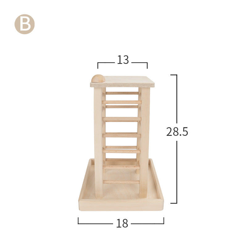 Wooden pet rabbit stand with dimensions labeled on a white background
