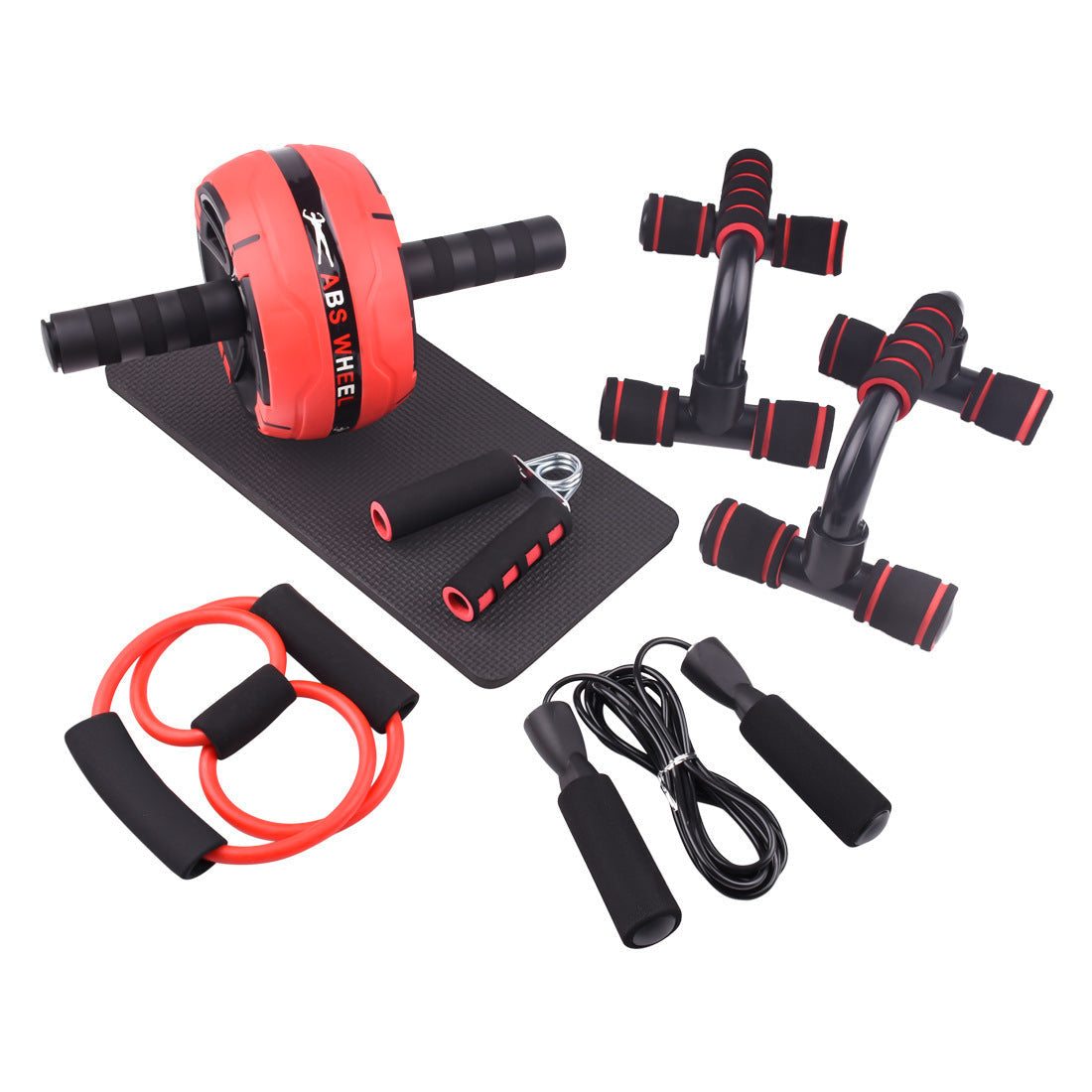 Collection of fitness equipment including an ab roller, resistance bands, and jump rope on a white background.