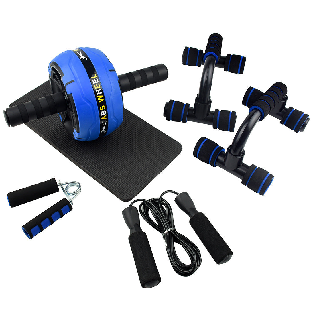 Assorted fitness tools including an ab wheel, resistance bands, and jump rope on a white background