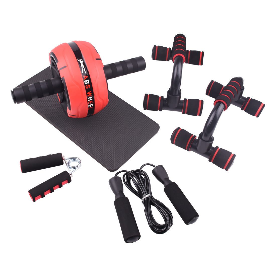 Collection of fitness equipment including an ab roller, resistance bands, and jump rope on a white background.