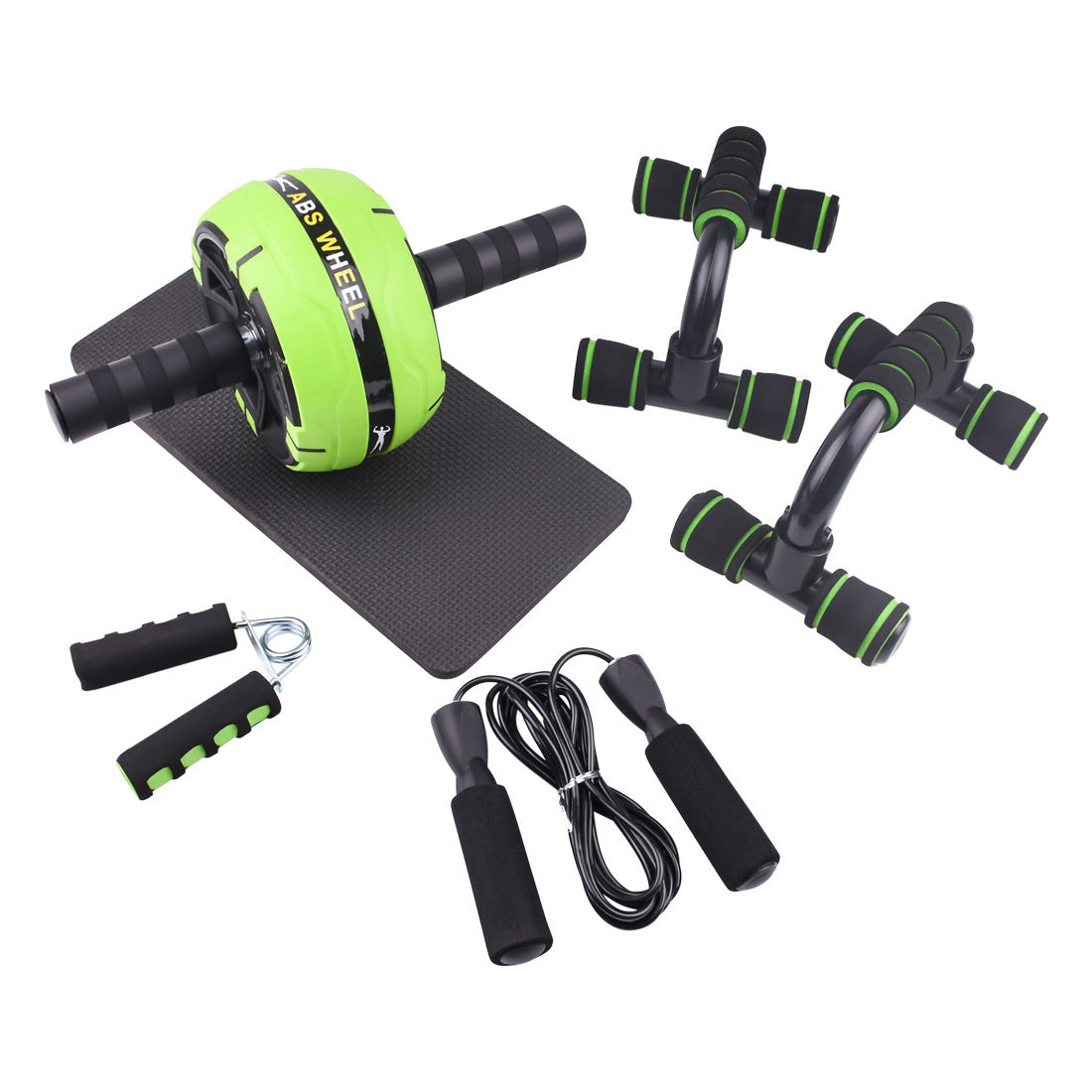Collection of fitness tools including an ab wheel, resistance bands, and a jump rope on a white background.
