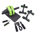 Collection of fitness tools including an ab wheel, resistance bands, and a jump rope on a white background.