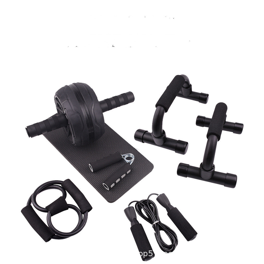 Collection of black fitness equipment including an ab roller, resistance bands, and jump rope on a white background.