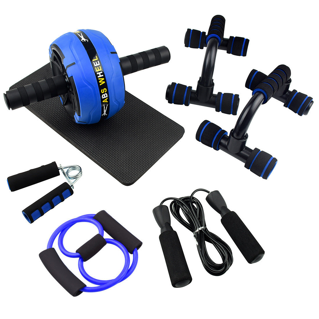 Assorted exercise equipment including an ab wheel, resistance bands, and jump rope on a white background.