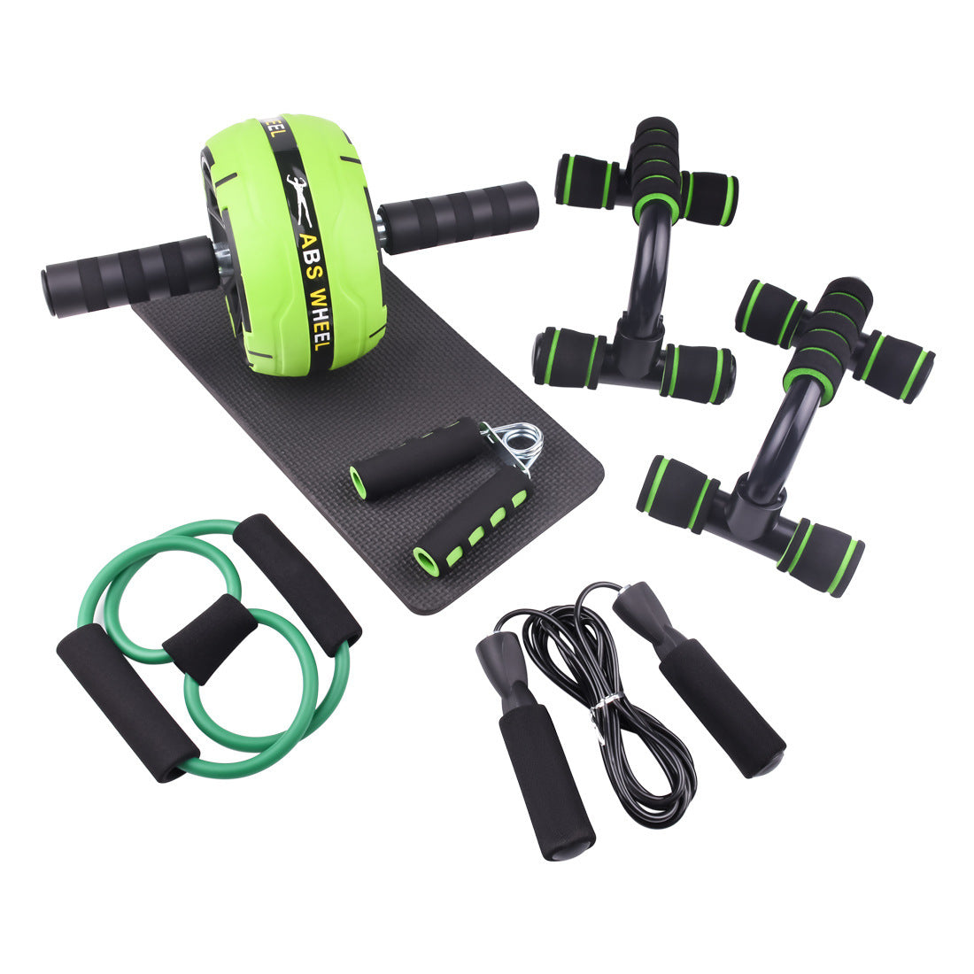 Collection of fitness tools including an ab wheel, mat, resistance bands, and jump rope on a white background.