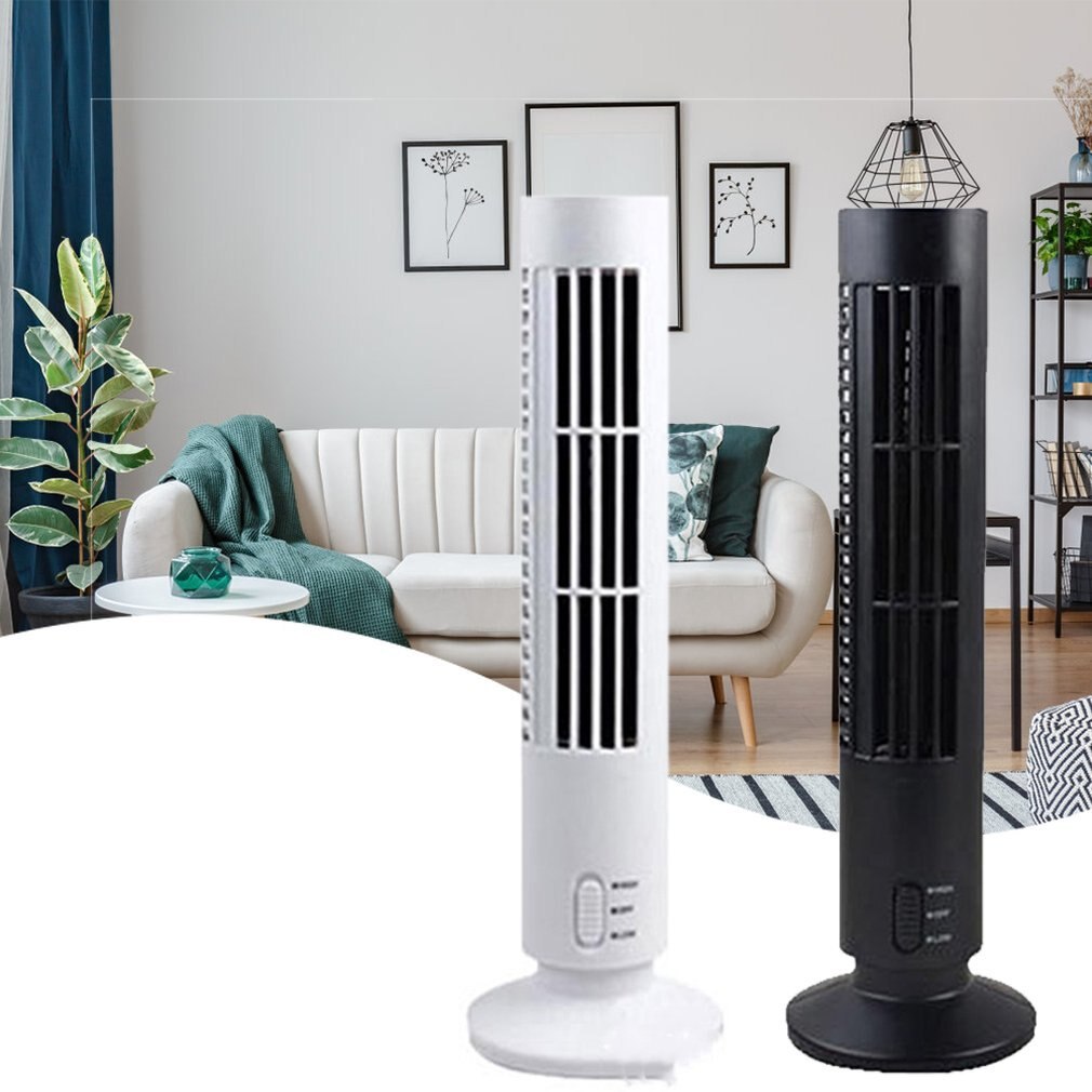 Two oscillating tower fans, one white and one black, in a living room setting. Mini USB Fan.