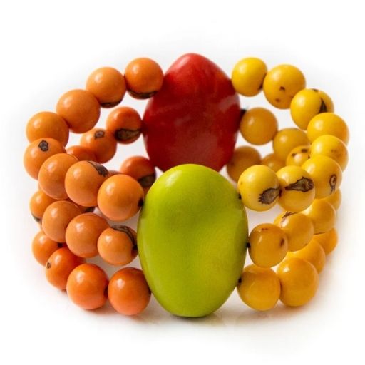 Caribbean Emerald Bracelet with colorful apple, mango and peach-inspired beads, handcrafted tropical fruit statement jewelry in orange, yellow, red and green.
