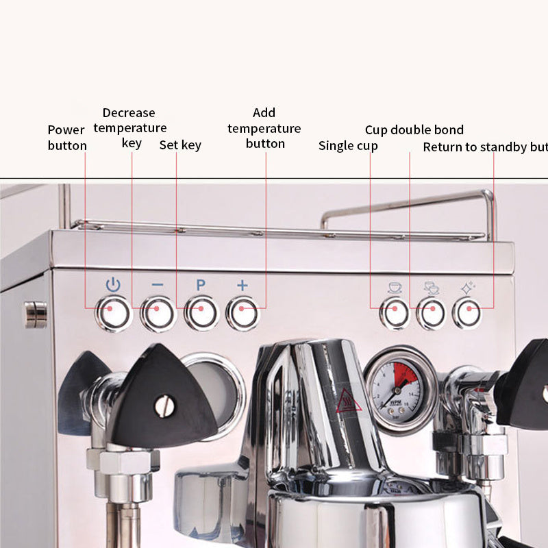 Stainless steel semi-automatic espresso machine control panel with clearly labeled power, temperature adjustment, programming, single cup, double cup, and standby buttons for easy operation.