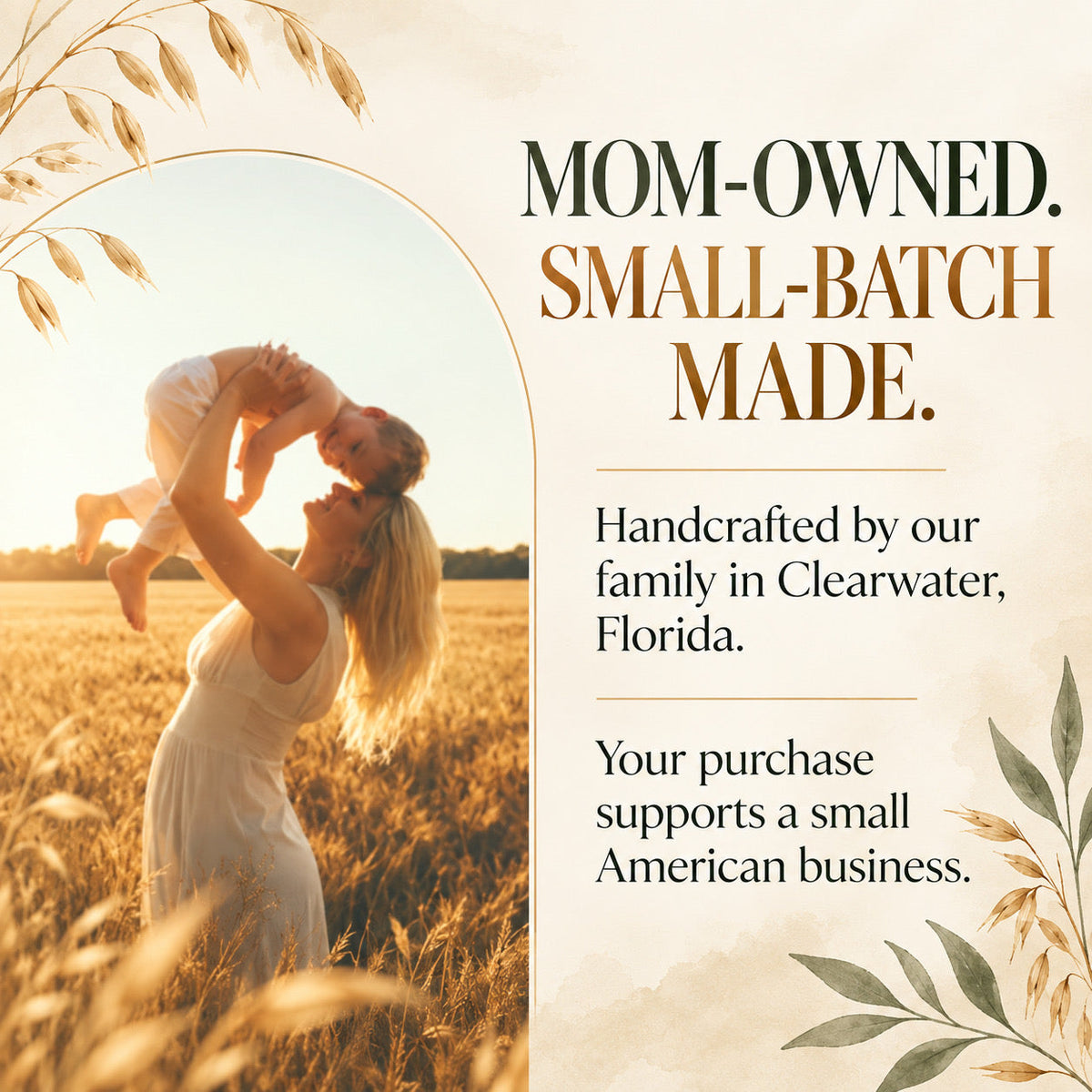 Promotional graphic for a handmade product with a photo of a woman in a white dress lifting a child in a sunlit field, alongside text reading 'MOM-OWNED. SMALL-BATCH MADE.