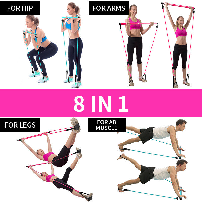 Exercising with resistance bands for various body parts on a white background.