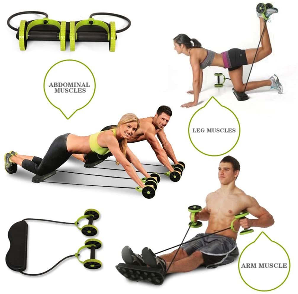 Collage of people using various fitness tools for different muscle groups on a white background.