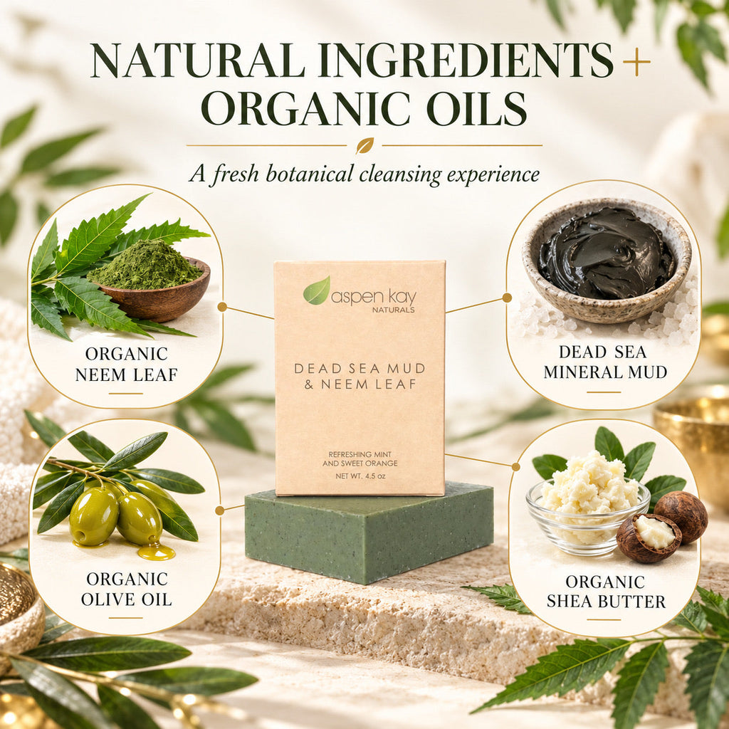 A boxed cleansing product labeled 'aspen kay Naturals Dead Sea Mud & Neem Leaf' stands on a green block in a styled botanical setting. Surrounding callouts highlight ingredients: neem leaf, dead sea mineral mud, organic olive oil, and organic shea butter.