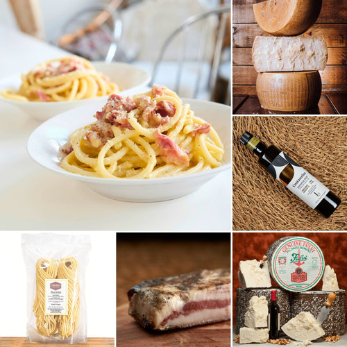 Italian Bucatini Alla Gricia bundle featuring artisanal bucatini pasta, aged Pecorino Romano cheese, guanciale, extra virgin olive oil, and authentic Italian ingredients for a traditional Roman pasta meal.