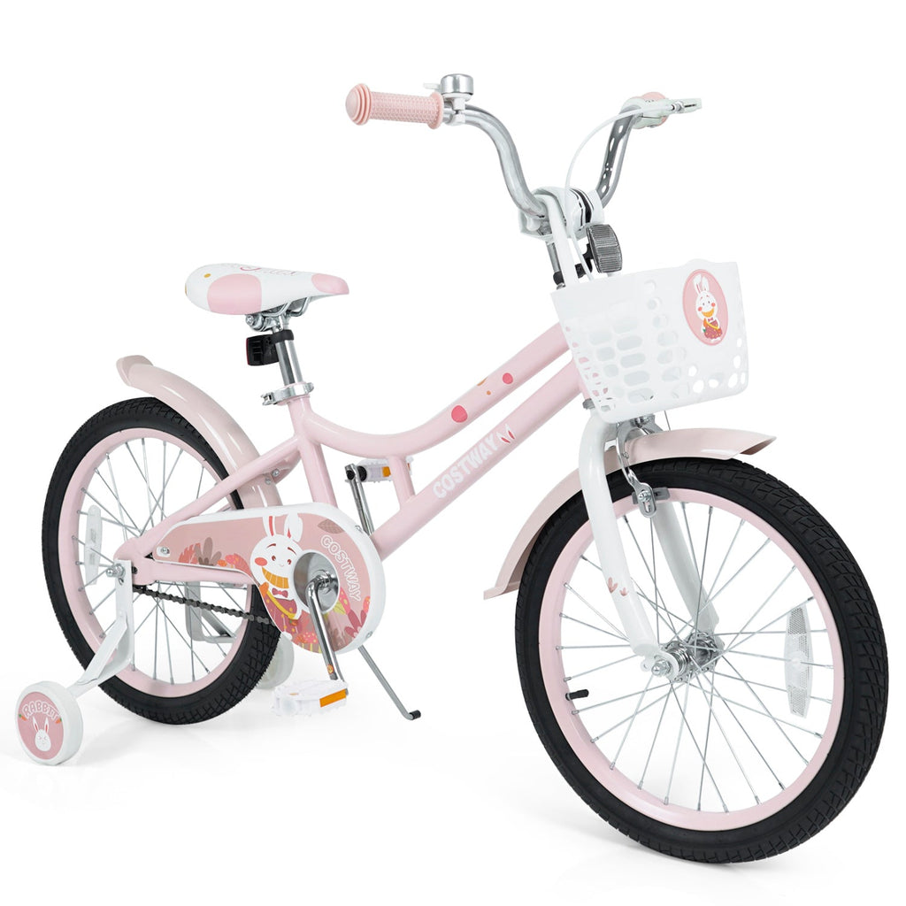 A pink children's bicycle with training wheels, a white front basket, and cartoon graphics, photographed on a clean white background.