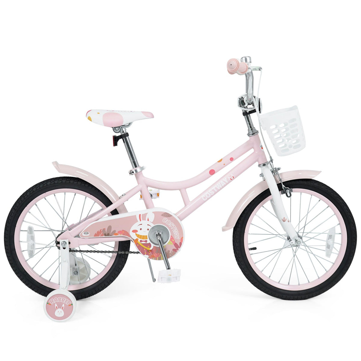 A children's pink bicycle with training wheels, a front white basket, and decorative bunny graphics, photographed on a clean white background.