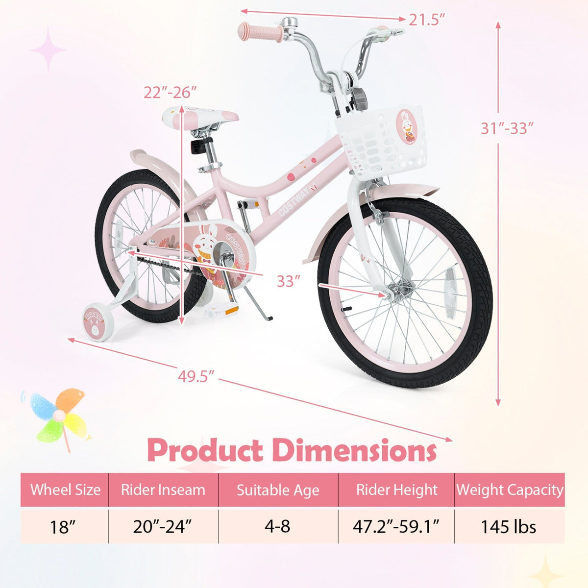 Pink children's bicycle with training wheels and a front basket, shown with dimension callouts and a product dimensions table on a light pastel background.