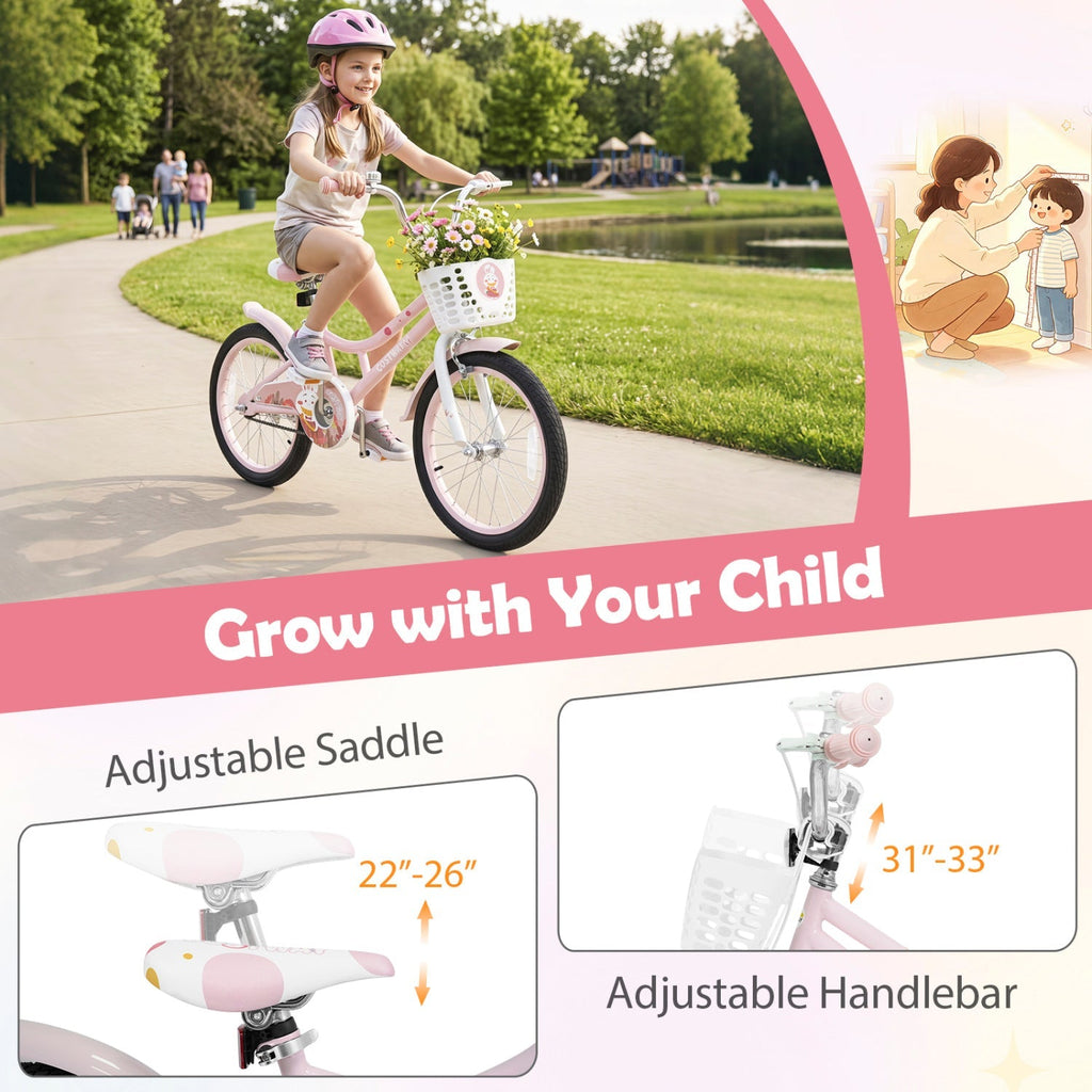 Pink children's bicycle with a basket and front flowers shown on a paved path in a park, with a child riding it. The image includes marketing text reading 'Grow with Your Child' and inset callouts showing adjustable saddle and adjustable handlebar measurements.