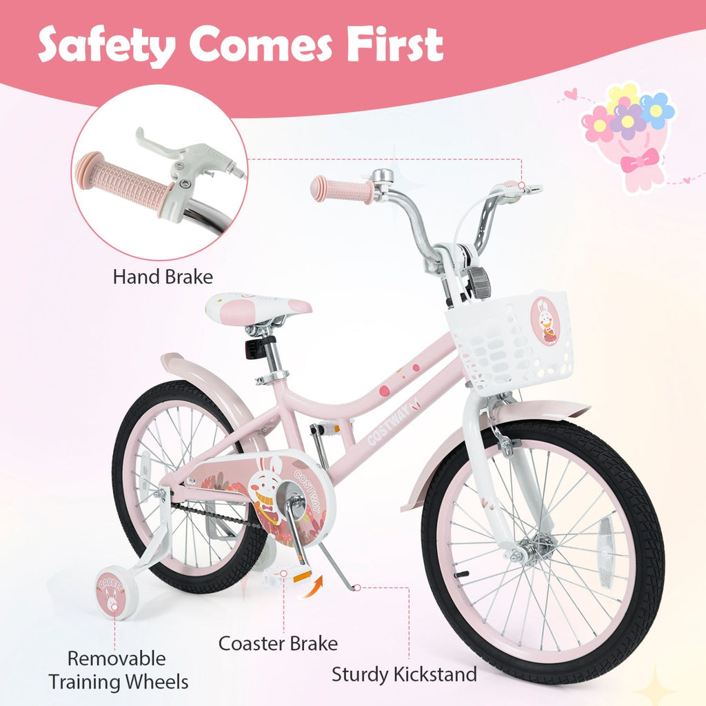 Pink children's bicycle with training wheels, a front basket, and labeled callouts showing the hand brake, coaster brake, sturdy kickstand, and removable training wheels on a soft pink background.