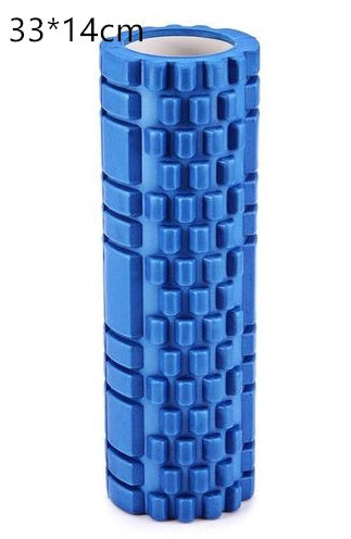 Blue foam roller with textured surface on a white background