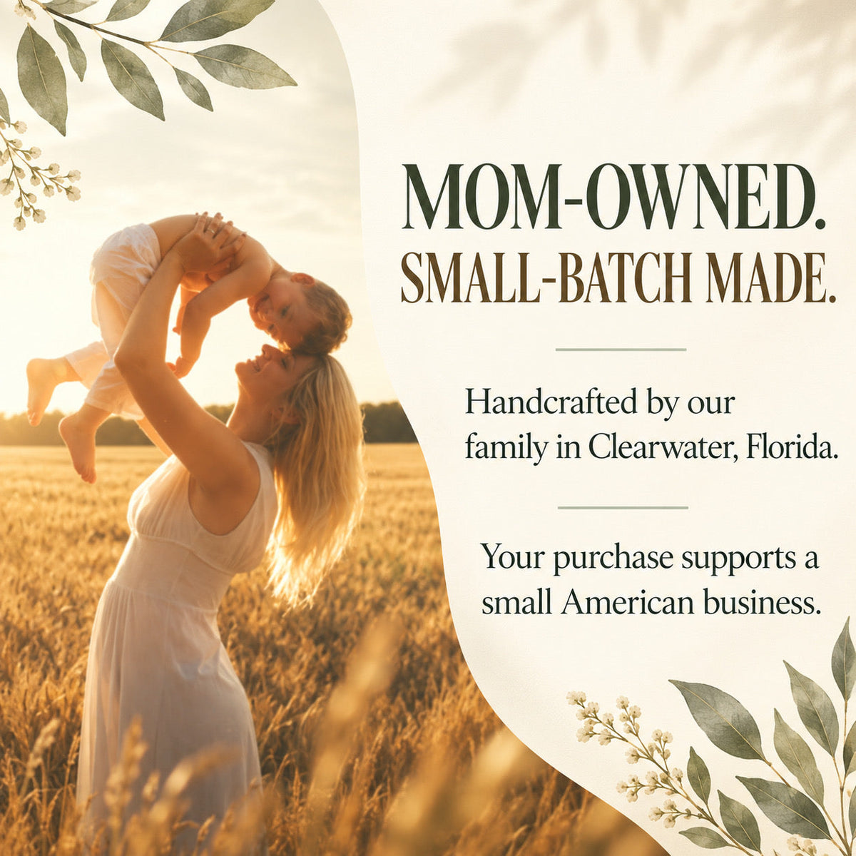 A warm promotional graphic with a woman in a white dress holding a child above her head in a golden field at sunset. Large text on the right reads, 'MOM-OWNED.