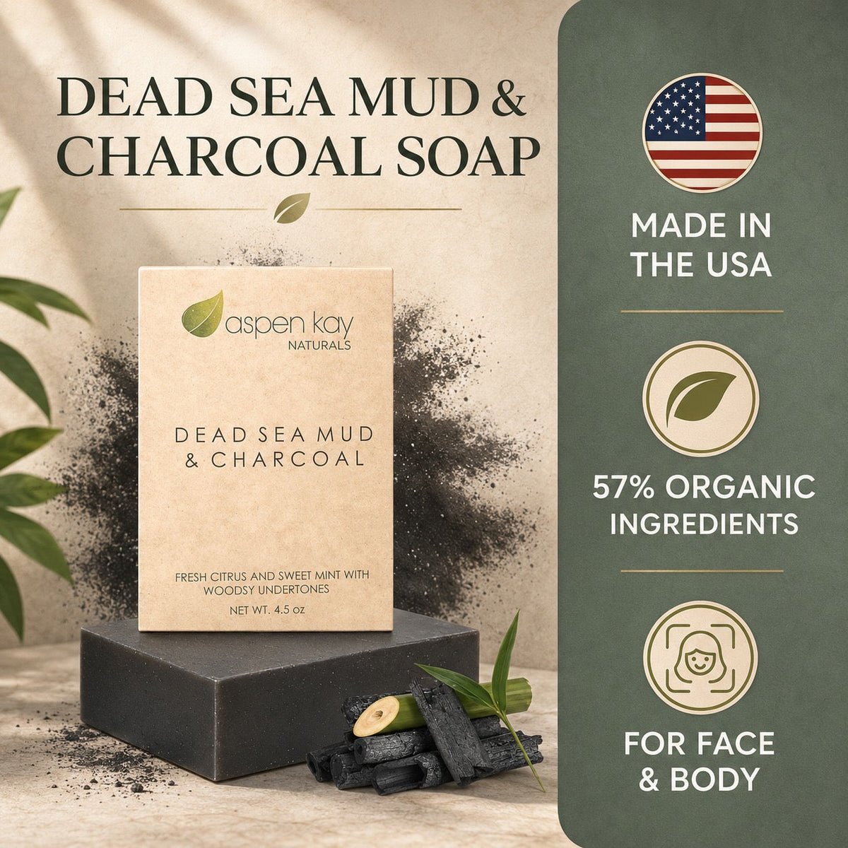 A bar of Aspen Kay Naturals Dead Sea Mud & Charcoal Soap displayed on a dark gray pedestal, with a kraft paper box behind it. The background is a textured beige with scattered charcoal powder and green leaves, alongside a dark green sidebar highlighting 'Made in the USA', '57% Organic Ingredients', and 'For Face & Body'.