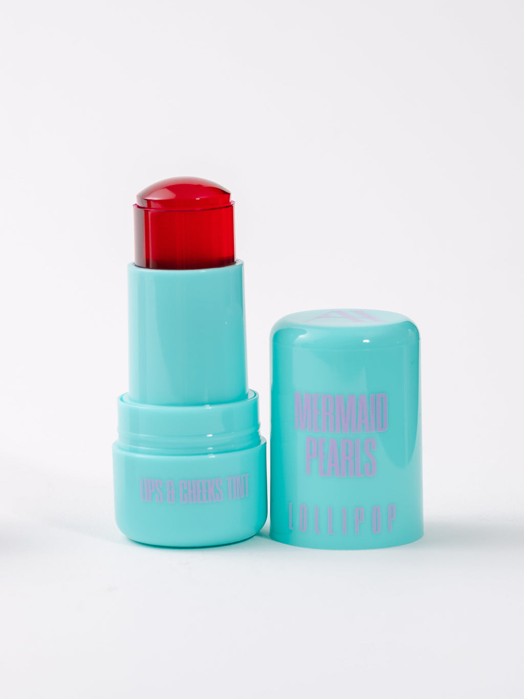 Mermaid Pearls LOLLIPOP Berry Lip & Cheek Tint in aqua twist-up tube with translucent berry jelly tint, hydrating multi-use makeup for lips and cheeks, buildable rosy color, vegan, cruelty-free, clean beauty.