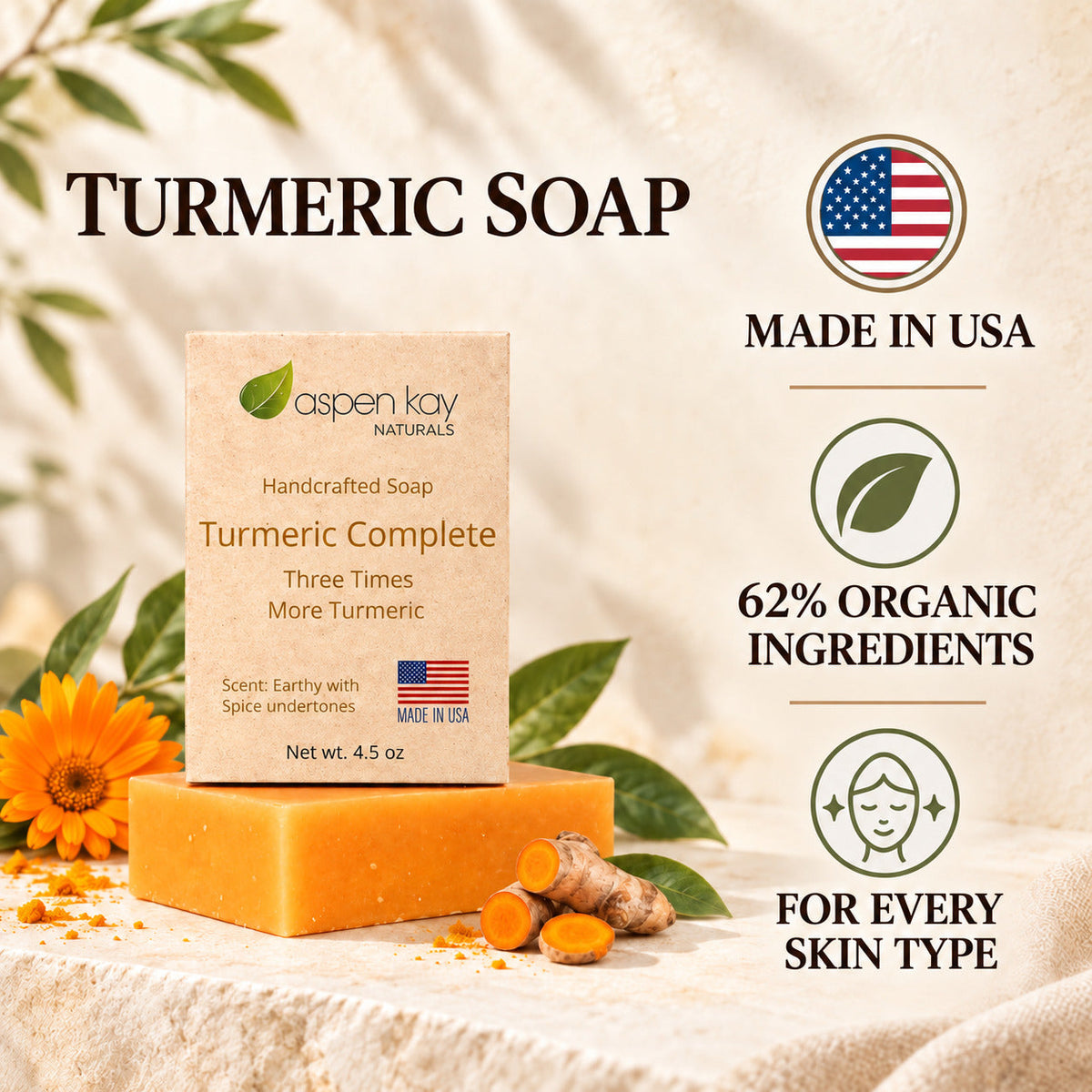 Aspen Kay Naturals Turmeric Complete handcrafted soap bar displayed on a textured cream fabric with turmeric root, turmeric powder, and decorative leaves. The image includes text overlays highlighting 'Turmeric Soap', 'Made in USA', '62% Organic Ingredients', and 'For every skin type'.